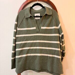 Aerie Unreal Relaxed Polo Striped Green Oversized Sweater L